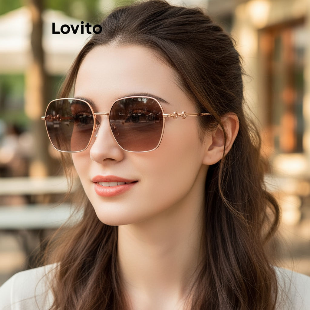 Lovito Óculos de Sol Femininos de Metal Liso Casual LFA06291 - Tan/Preto em Oferta na Shopee