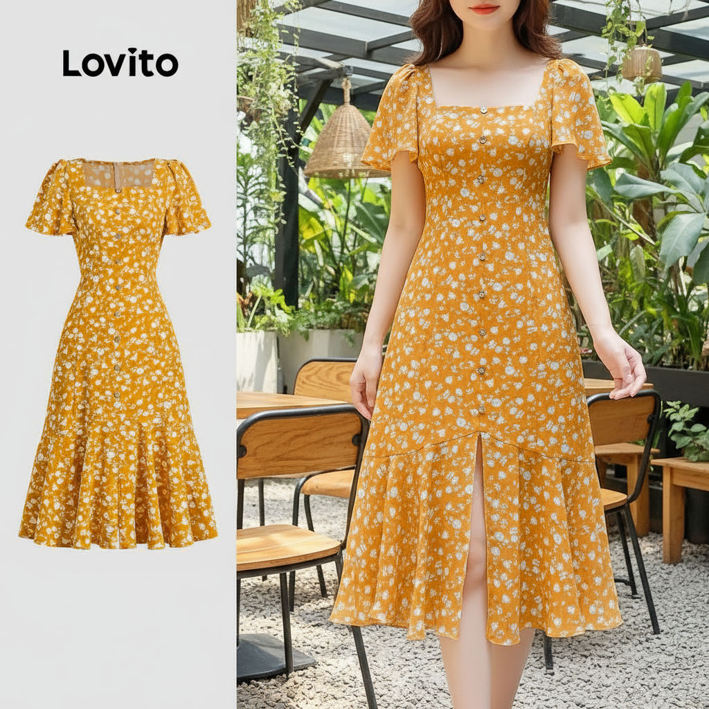Lovito Vestido Feminino Boho com Babado, Zíper e Botão, Amarelo, Primavera/Verão L134ED673 em Oferta na Shopee