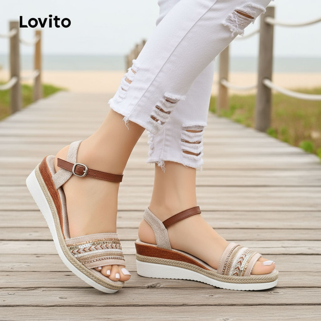 Lovito Sandálias Boho para mulheres com sola grossa e design elegante LFA65321 em Oferta na Shopee