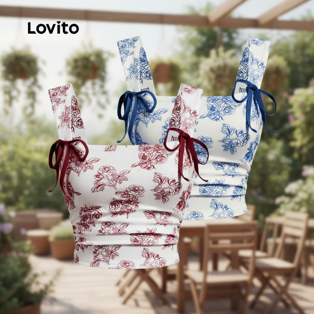 Lovito Regata Elegante Com Laço Floral Frontal Franzida Regata De Verão Para Mulheres L105MD049\5 em Oferta na Shopee