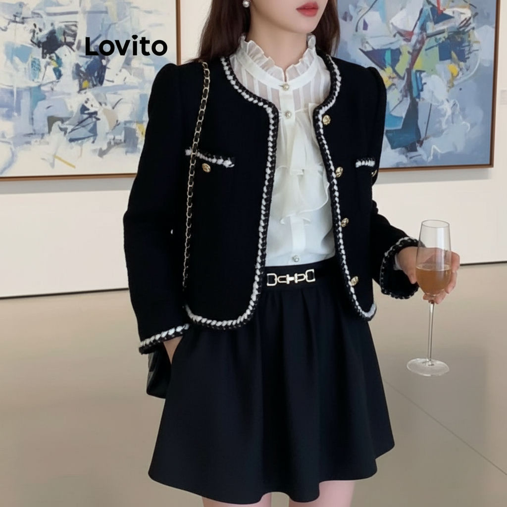 Blazer Lovito Feminino com Bolso Liso e Acabamento Contrastante, Modelo Casual, Cor Preto - LNA29012 em Oferta na Shopee