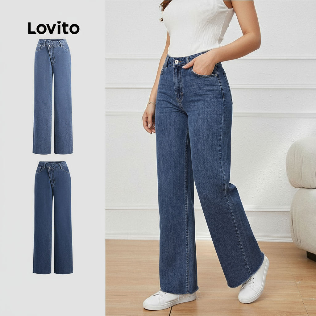 Lovito Calça Jeans Casual Feminina Liso Assimétrica Verão/primavera L123ED232 em Oferta na Shopee