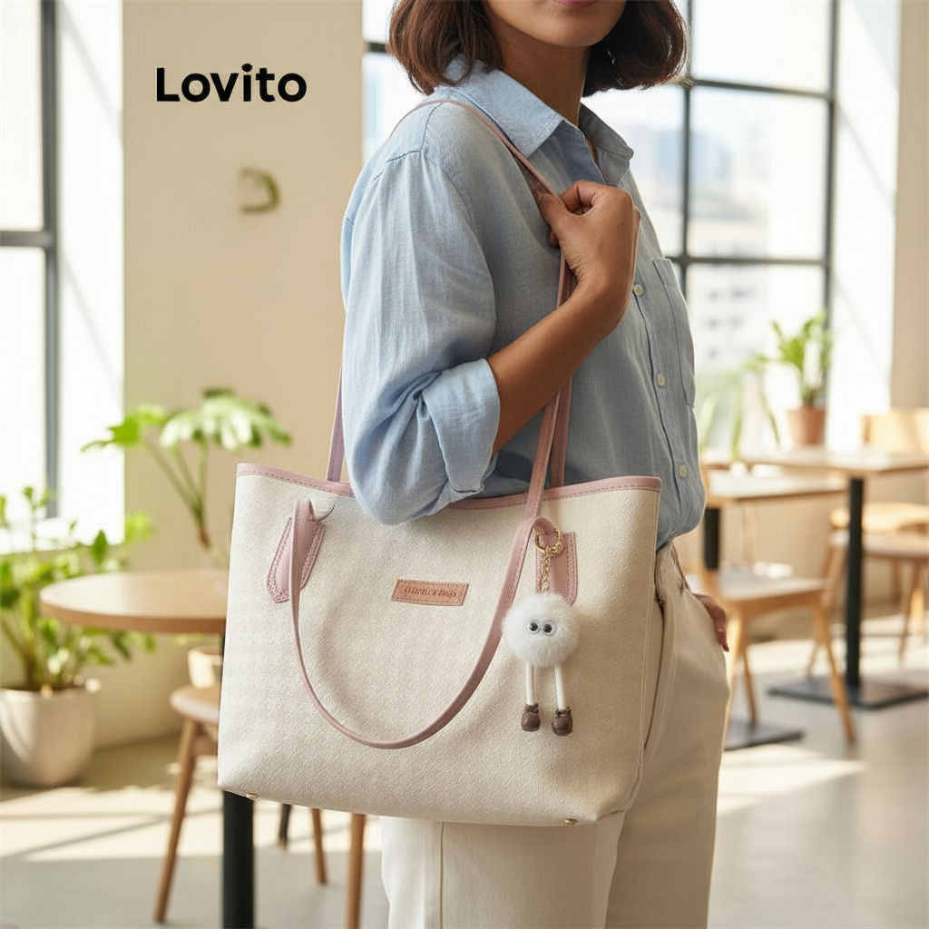 Lovito Bolsa de Ombro Casual Lisa com Estrutura Remendada para Mulheres LFA43710 em Oferta na Shopee