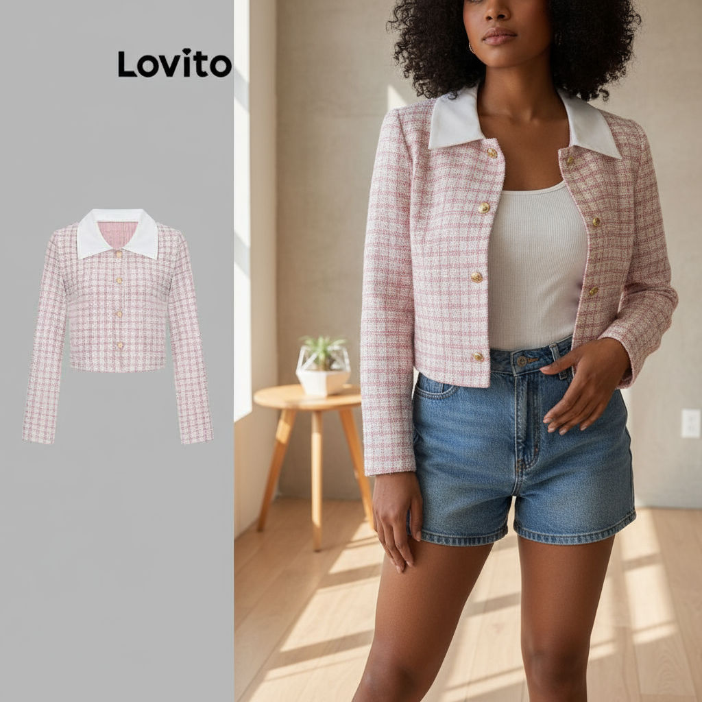 Lovito Jaqueta Feminina Casual Xadrez com Gola Contrastante e Pérolas Botão L117AD102 em Oferta na Shopee