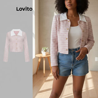 Lovito Jaqueta Feminina Casual Xadrez com Gola Contrastante e Pérolas Botão L117AD102 em Oferta na Shopee