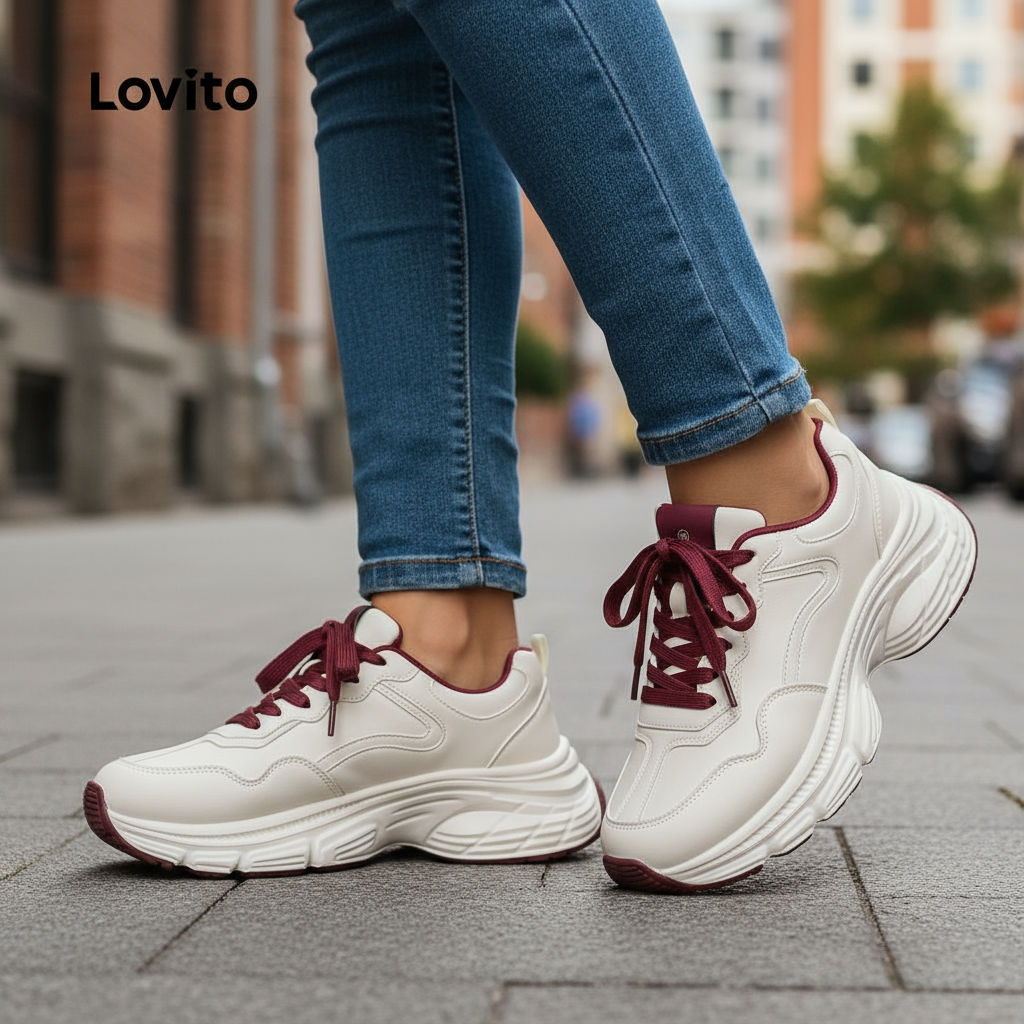 Lovito Casual Esportivo Nicho Sola Grossa Vermelho Branco Tênis Moderno Pai para Mulheres LFA59283 em Oferta na Shopee