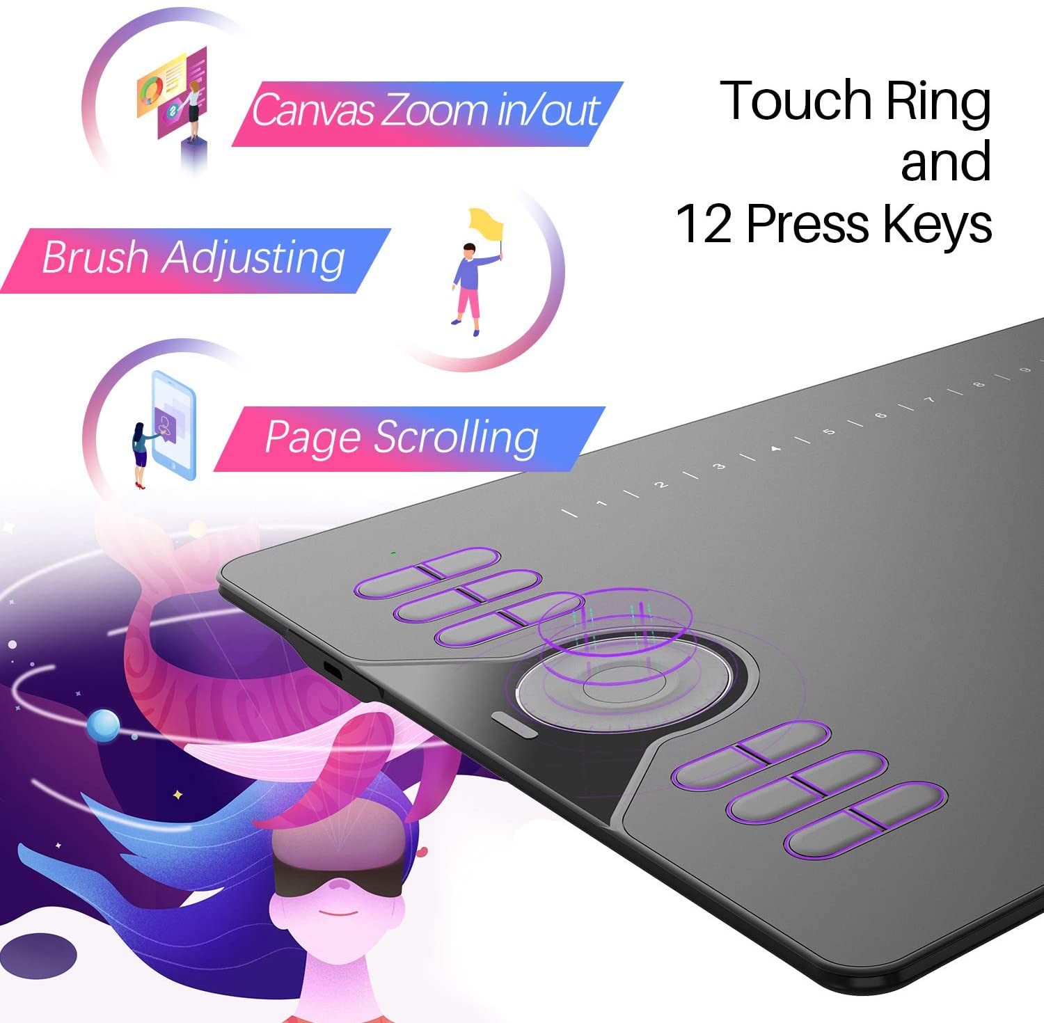 Huion HS610 Mesa Gráfica, Anel Sensível ao Toque + 12 Teclas Personalizáveis, Caneta sem Bateria