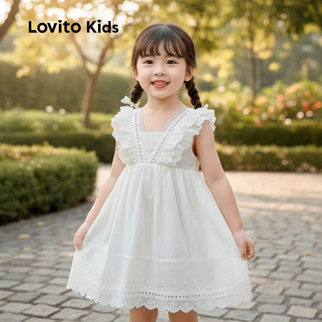 Lovito Vestido de Criança Delicado com Babados em Renda, Suave e Confortável, Branco, Primavera/Verão, LNL106121 em Oferta na Shopee