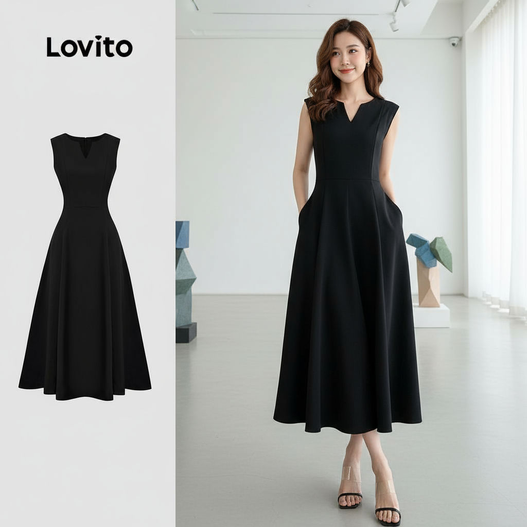 Lovito Vestido Feminino Elegante Boho com Zíper Plissado, Toque Suave, Cor Preto, Primavera/Verão, Ref. LBL26518