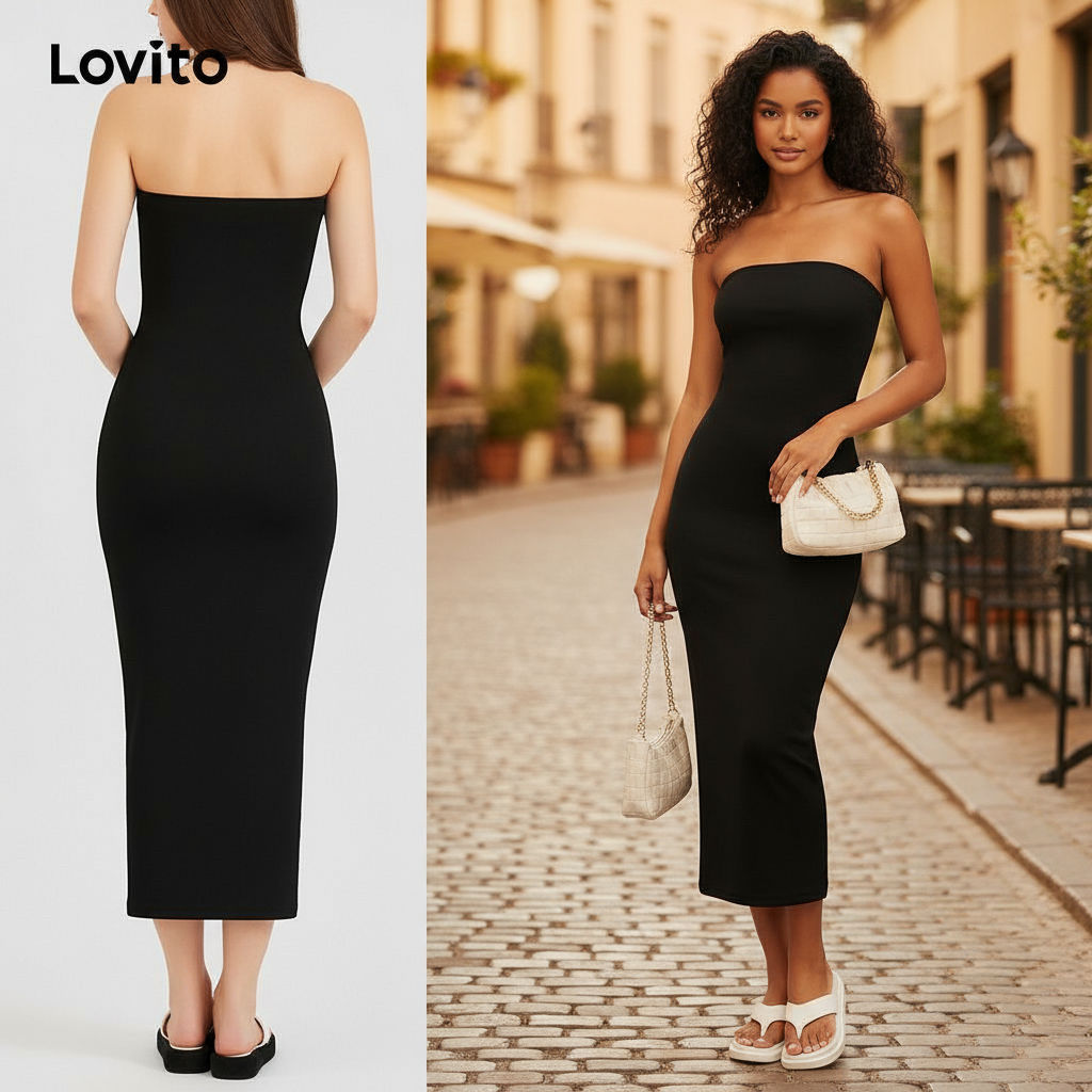 Lovito Vestido Bodycon Casual Dividido Ombro Frio Liso Feminino L30ED009 (Preto) em Oferta na Shopee