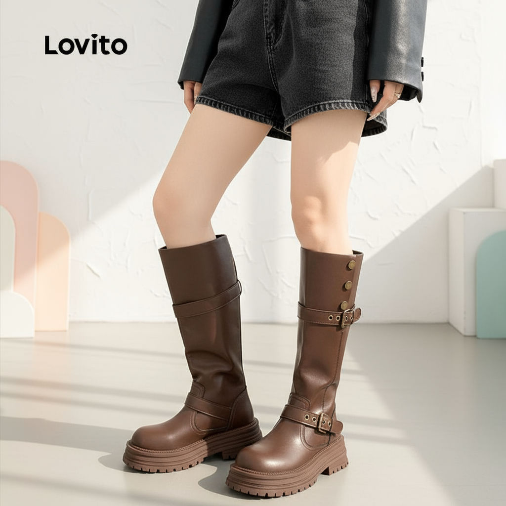 Lovito Botas Femininas Plataforma Casual Retro All Season em Preto LFA86075 em Oferta na Shopee