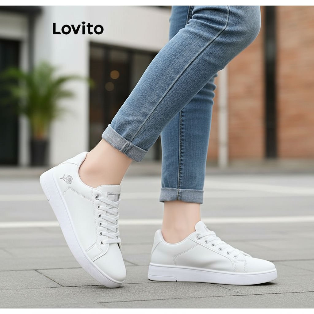 Lovito Calçados Esportivos Femininos Brancos Lisos, Tênis Versátil e Simples para Uso Diário LFA60359 em Oferta na Shopee