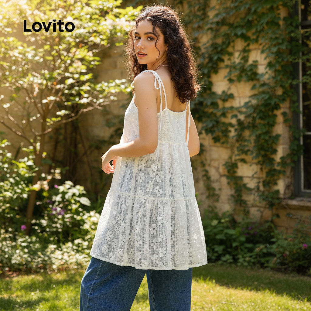 Lovito Férias Vestido Feminino Branco Liso com Cadarço - Moda Primavera/Verão Bordado L136AD076