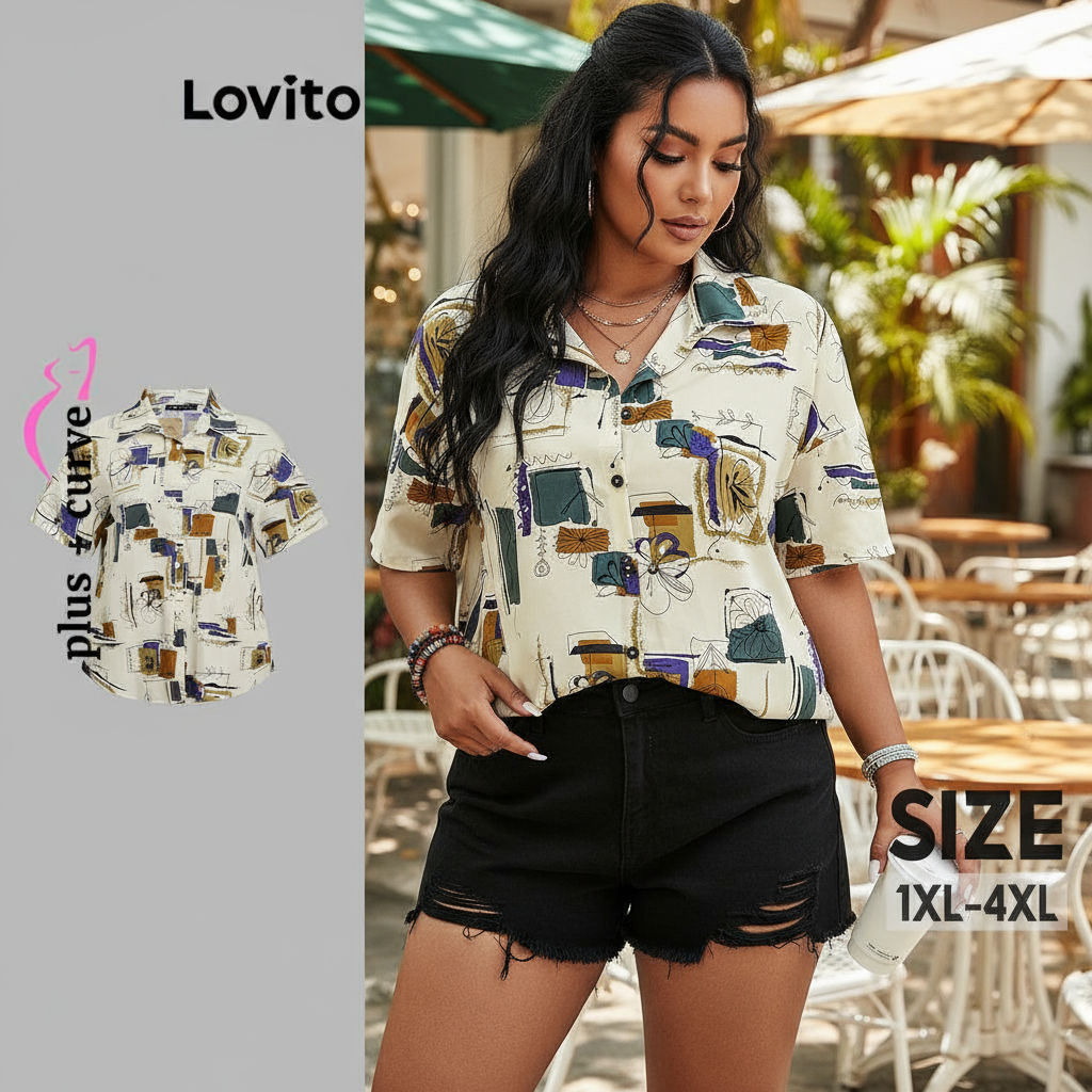 Lovito Blusa Plus Size Feminina Estampada à Mão para Verão e Primavera LBL20297\6 em Oferta na Shopee