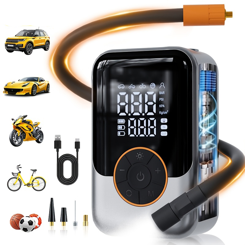 Compressor de ar portátil sem fio e inflador de pneus portátil: dupla alimentação (bateria recarregável + USB),