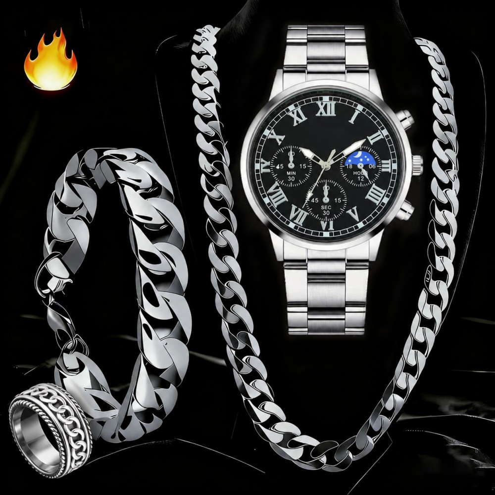 Masculino 4 Pçs Relógio Conjunto De Jóias Numeral Romano Dial De Quartzo Pulseira De Corrente Cubana Para Anel Moda Aces