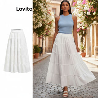 Lovito Saia Feminina Romântica com Laço Liso e Babados em Cascata L98AD095 em Oferta na Shopee