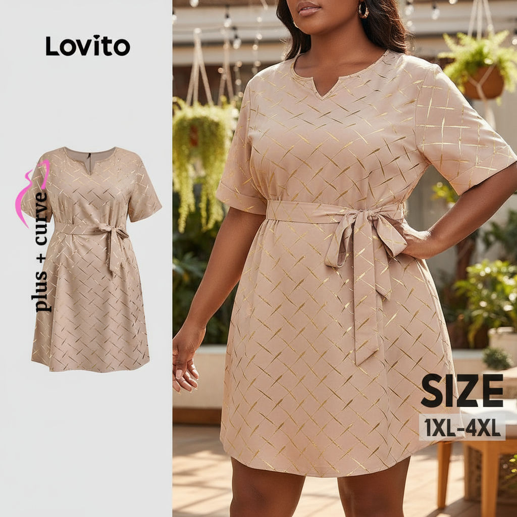 Lovito Vestido Casual Plus Size Curvo, Textura Geométrica, Cinto Metálico, Verão/Primavera, Feminino LBL23793