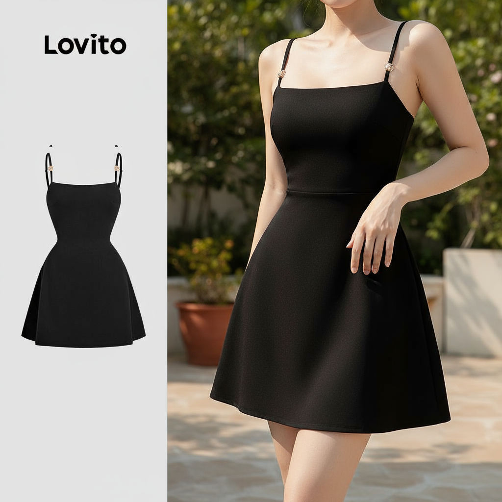 Lovito Vestido Casual Preto Retrô, Fivela de Metal, Alça Ajustável, Primavera/Verão, Feminino L134ED1004 em Oferta na Shopee