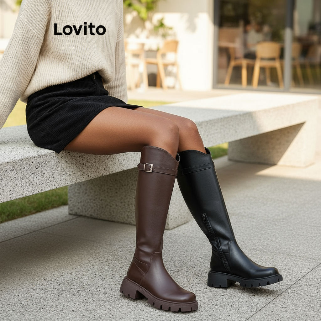 Lovito Bota de Cano Longo com Sola Versátil em Estilo Britânico Casual para Mulheres LFA62301 em Oferta na Shopee