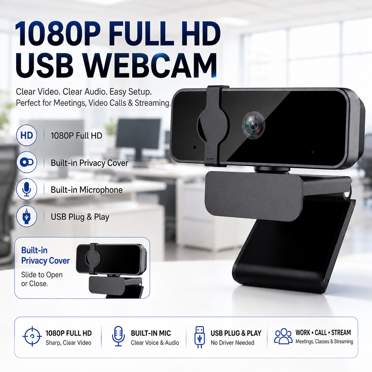 Câmera Web JCL 1080P para PC e notebook, microfone com cancelamento de ruído, foco fixo de grande angular, tampa de