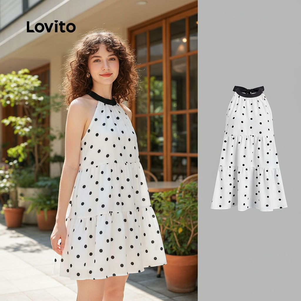 Lovito Vestido Casual de Renda com Amarração para Primavera/verão Vestido Feminino Preto e branco L155ED227\4