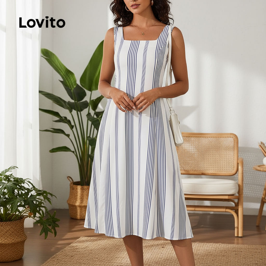 Lovito Vestido Feminino Listrado com Babados - Elegância para Verão e Primavera, Modelo LBL20522 em Oferta na Shopee