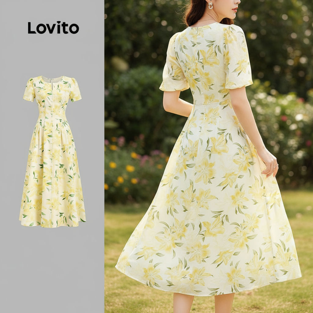Lovito Vestido Feminino Amarelo Romântico Floral Botões Primavera Verão L134ED401