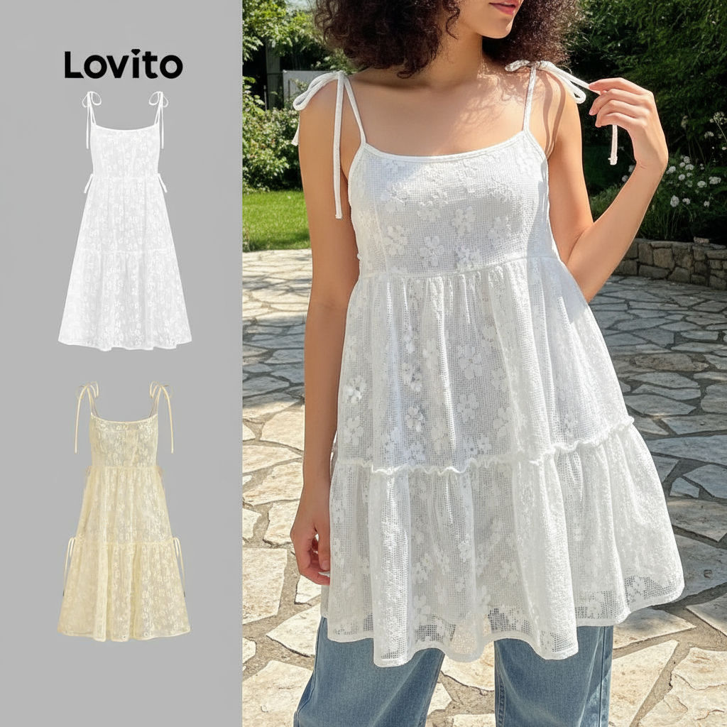 Lovito Férias Vestido Feminino Branco Liso com Cadarço para Primavera/Verão Bordado L136AD076
