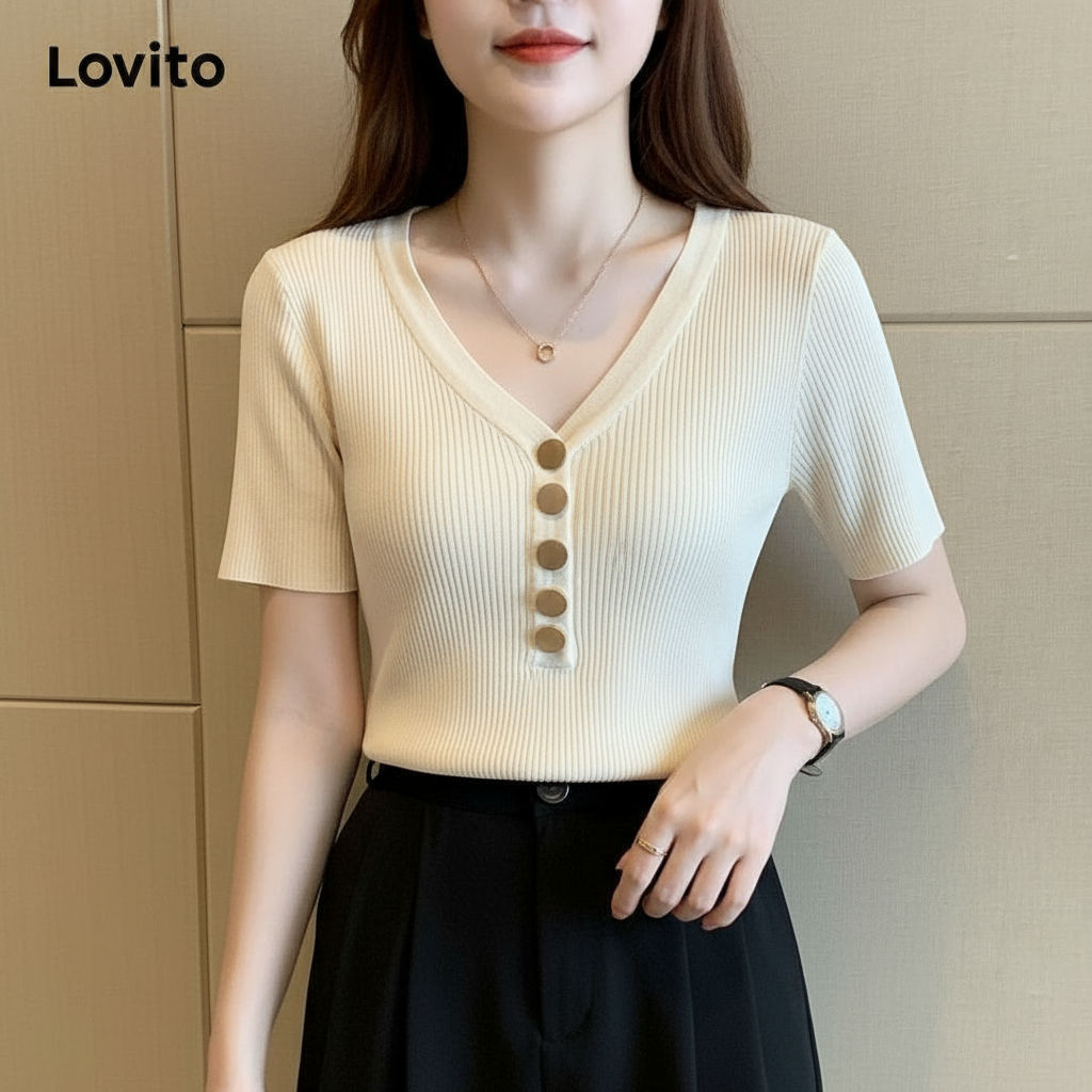 Lovito Blusa Feminina Casual de Botão para Verão e Primavera LNL36064 em Oferta na Shopee