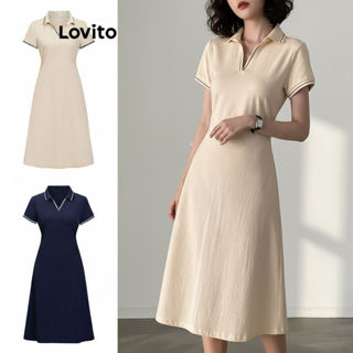 Lovito Vestido Casual Feminino Liso com Amarração Contrastado L80ED294 em Oferta na Shopee
