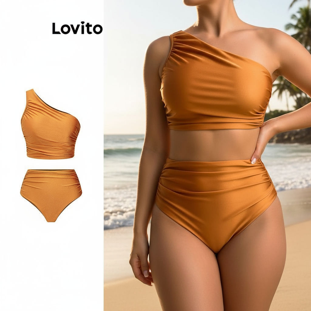 Lovito Biquíni Casual Liso Assimétrico Feminino Conjunto LBL16822\5 em Oferta na Shopee