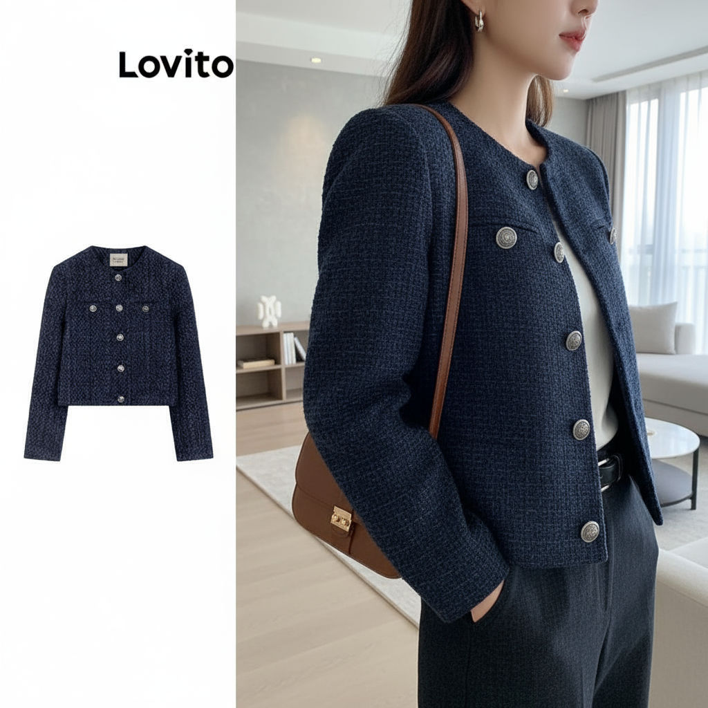 (Trendy2) Lovito Jaqueta Casual Com Padrão Liso Para Mulheres LNA79082 em Oferta na Shopee