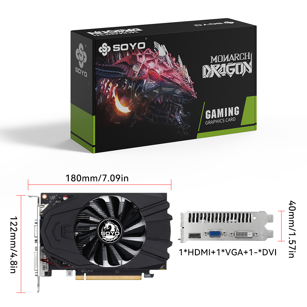 SOYO R7 350 4GB DDR5 Cartão 128 Bits Vídeo – AMD Radeon R7 350, portas HDMI VGA DVI, ideal para jogos e multimídia,