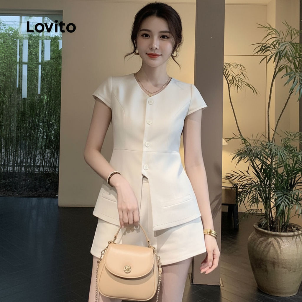 (Trendy2) Lovito Tops Ou Calças Casuais Com Botão Frontal Dividido Verão/Primavera Para Mulheres LNM79464 em Oferta na Shopee