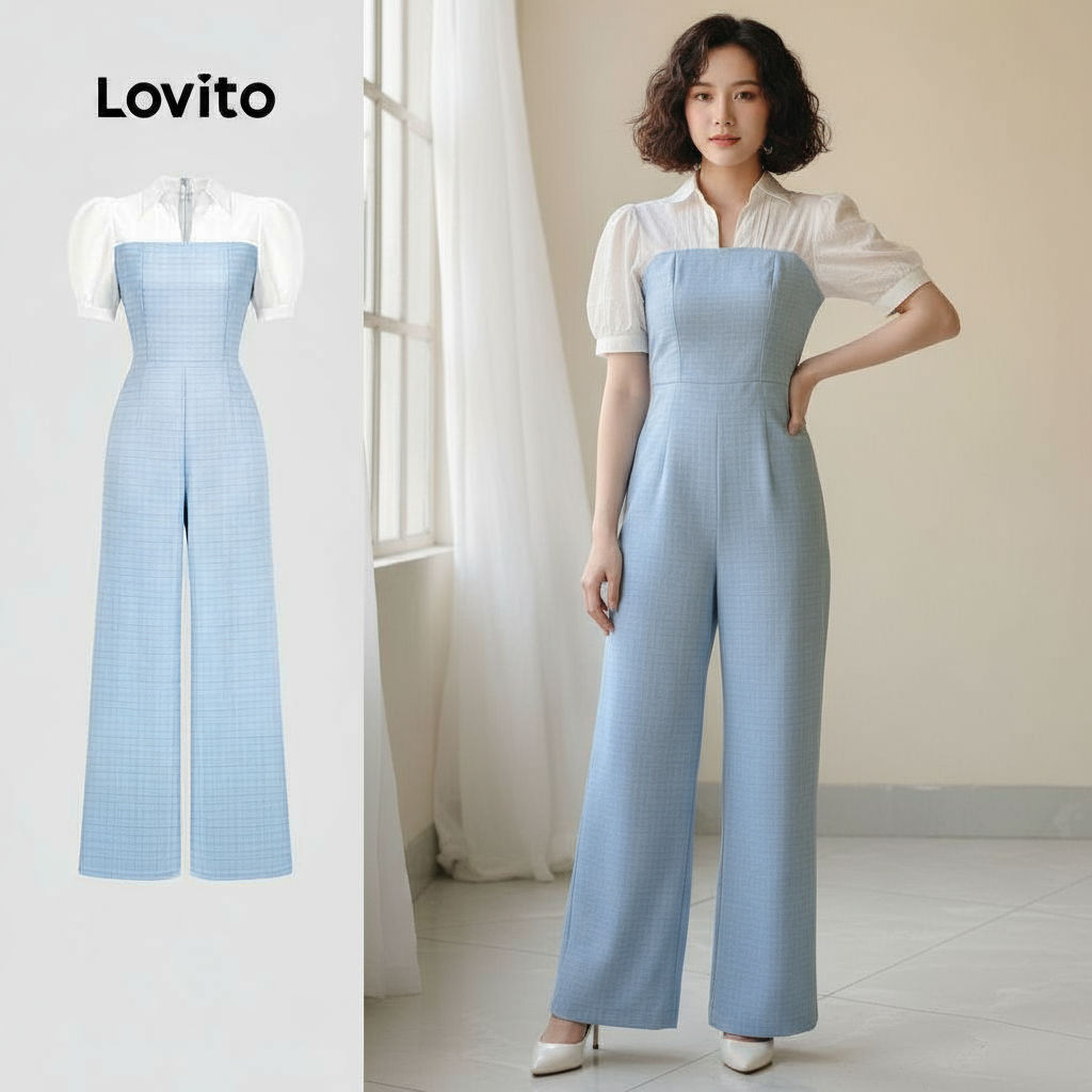 Lovito Macacão Feminino Colorblock com Zíper Primavera/Verão Azul para Mulheres L137ED822 em Oferta na Shopee