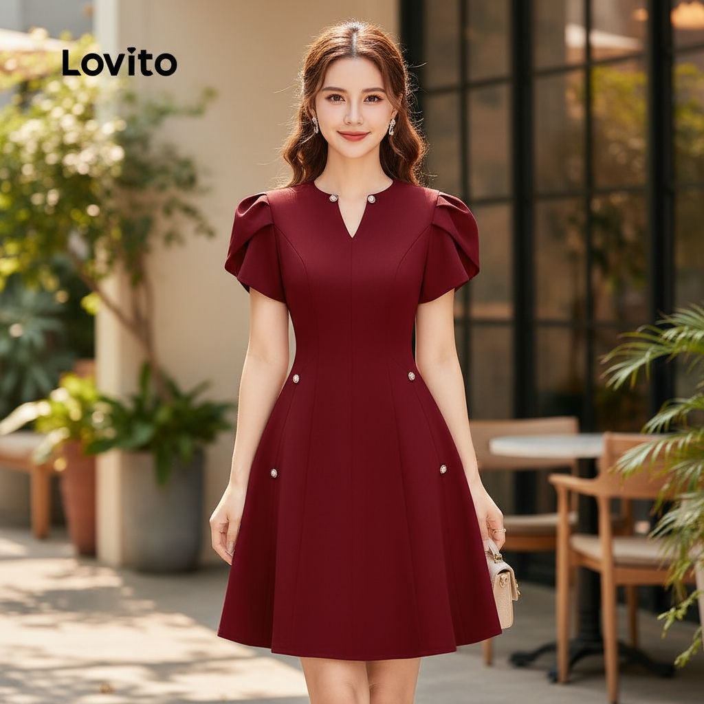 Lovito Vestido Feminino Casual com Botões em Tom Vermelho Vinho para Primavera/Verão L155ED766