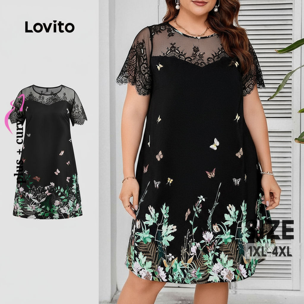 Lovito Vestido Feminino Plus Size Curves Floral Renda Elegante para Verão Primavera LBL23288 em Oferta na Shopee