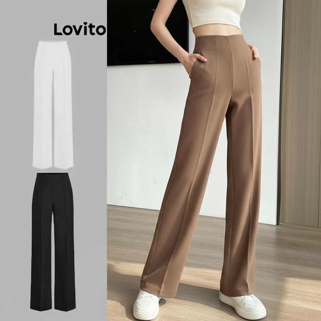 Lovito Calça Casual Feminina Lisa com Pintucks - L68ED317 (Cáqui/Preto) em Oferta na Shopee