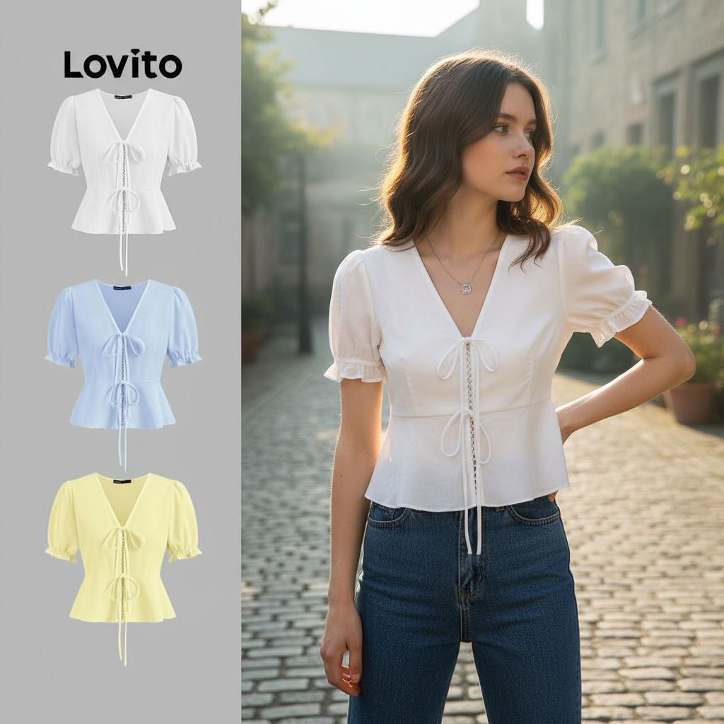 Lovito Blusa Feminina Casual Lisa com Amarração para Verão L123ED063 em Oferta na Shopee