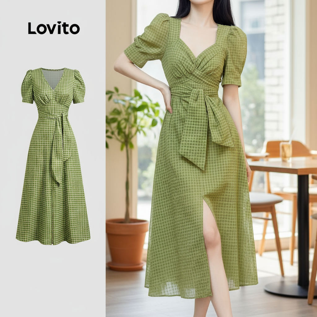 Lovito Vestido Casual com Amarração Frontal Dividido Primavera/Verão Verde Feminino L134ED558