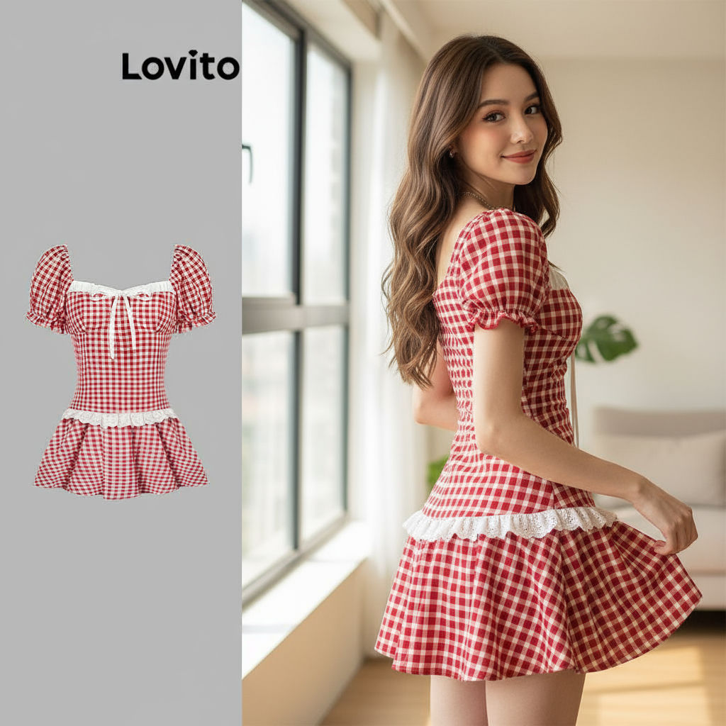 Lovito Vestido Feminino Casual Xadrez Com Babados Decote Laço Manga Bufante L114AD416\4 em Oferta na Shopee
