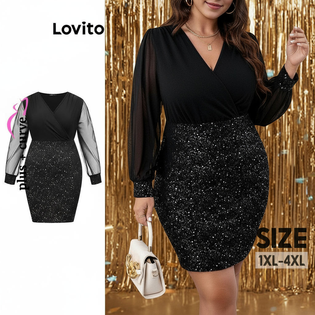Lovito Vestido Plus Size Curvo Brilhante Poá Para Mulheres Elegantes LBL13300