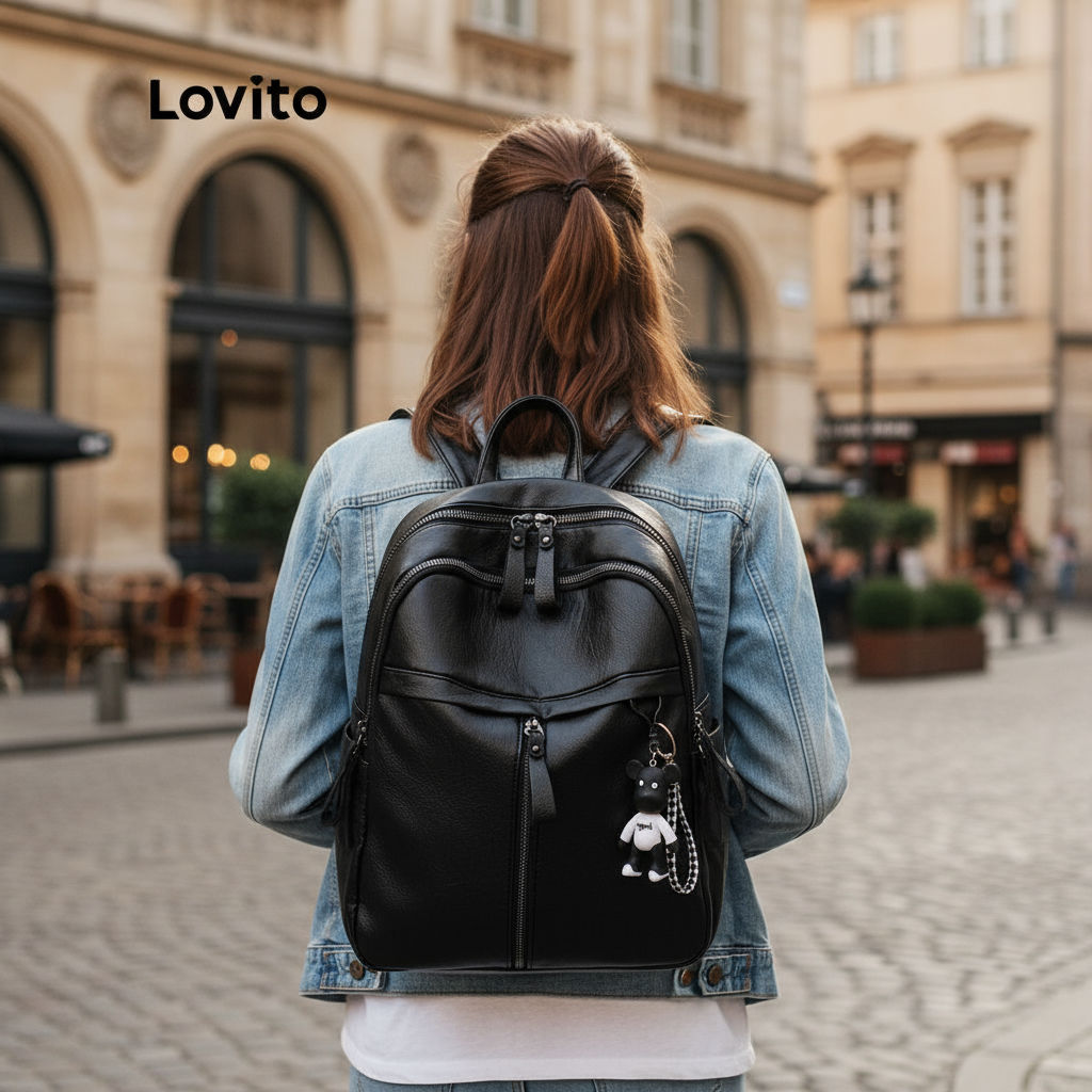 (trendy3) Lovito Mochila Casual Com Zíper Liso Mochila De Alta Capacidade Para Mulheres LNA09180 (Preto) em Oferta na Shopee