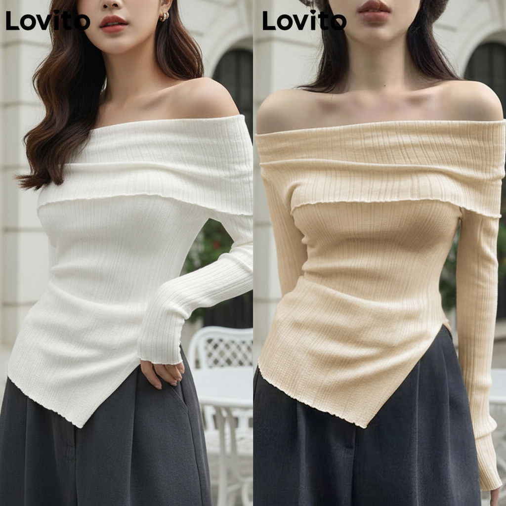 Blusa Feminina Casual Lovito Lisa Frente Dividida Ombro Frio LNA30014 em Oferta na Shopee