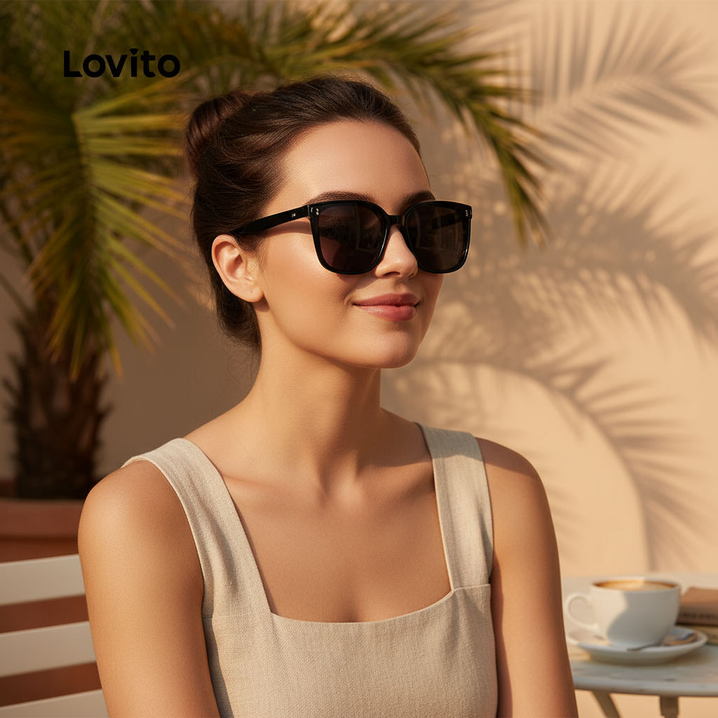(Trendy2) Lovito Óculos De Sol Casuais Lisos, Combinados, Básicos, De Aro Completo, Para Mulheres L34AD057 (Preto) em Oferta na Shopee