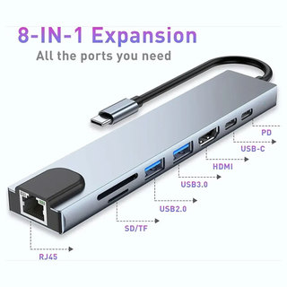 Hub USB 8IN1 Type C Adaptador Multiport 4K HD RJ45 Ethernet USB3.0 PD Porta De Carregamento TF Leitor De Cartão SD