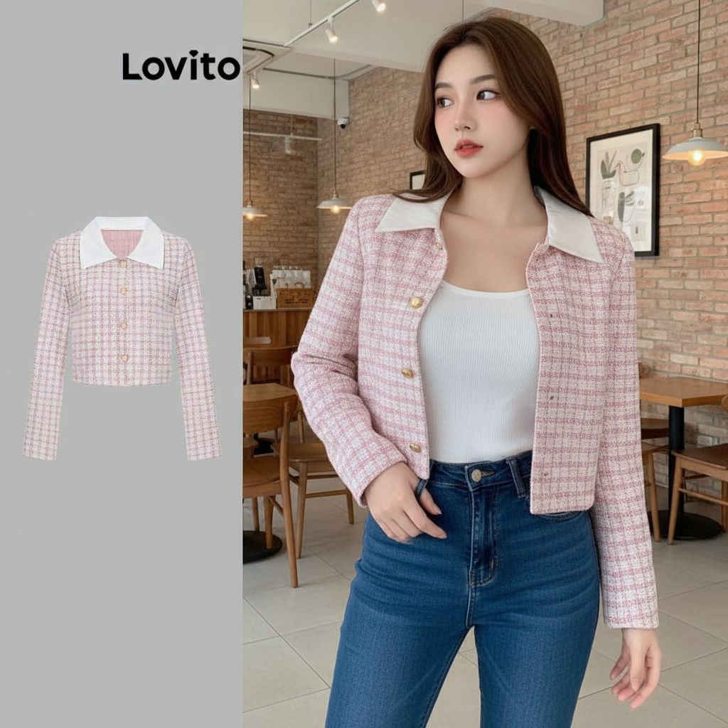 Lovito Jaqueta Feminina Casual Xadrez com Gola Contrastante e Pérolas, Fechamento em Botão, Modelo L117AD102 em Oferta na Shopee