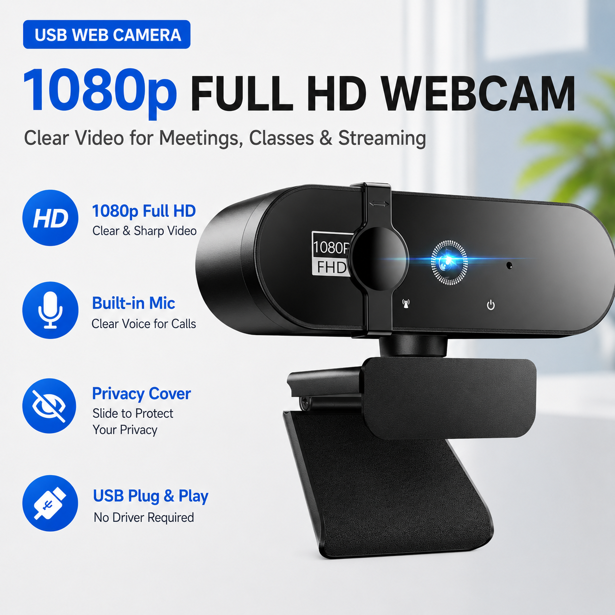 Câmera Web 1080p JCL para PC e Notebook com Microfones Duplos, Ângulo Amplo de 90°, Plug & Play USB com Tampa de