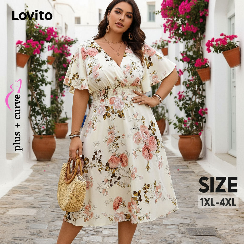Lovito Vestido Curva Plus Size Estampado Floral Ditsy para Mulheres LNL69102 - Elegância e Estilo em Oferta na Shopee